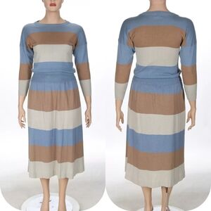 Regatta Sport Vintage 80s Blue & Tan Silk Blend Knit Top & Skirt Outfit sz L